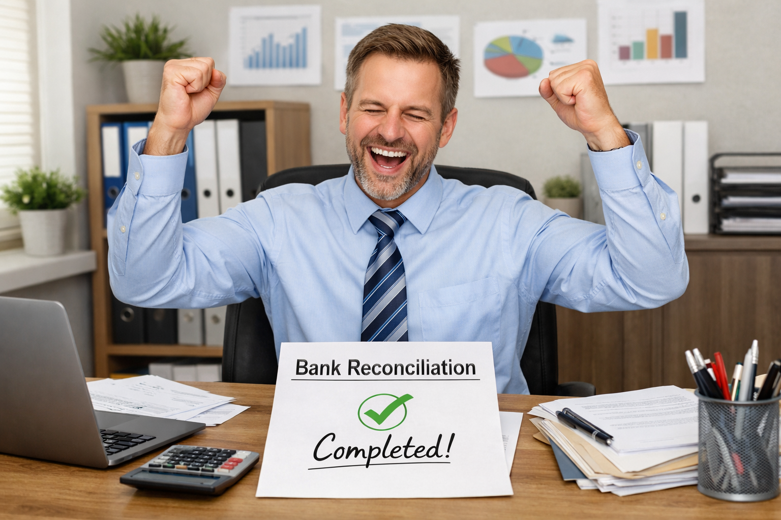 Image of accountant happy to complete bank reconciliation